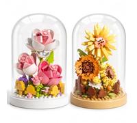 2Pcs Rose Flower Building Blocks Set, Sunflower Building Toys with Transparent Dust Cover, DIY Creative Educational Toy for Girls & Boys, Flower Pot Buildings Toys for Desktop, Office & Home Decor