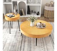 2PCS Round Nesting Tables Boho Farmhouse Accent Coffee Tables w/Adjustable Foot