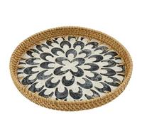 2Pcs Round Rattan Serving Tray,Handwoven Rattan Resin-Inlaid Shell Fruit Bowl No Harmful Additives for Fruit Tray,Storage Basket,Craft Decoration Home Kitchen Counter 30*30*3cm(Gray feathers)