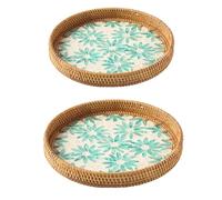 2Pcs Round Rattan Tray with Mother of Pearl Inlay, Round Woven Wicker Tray, Rattan Serving Tray with Wooden Base, Decorative Wicker Baskets for Bread Fruit Food Coffee, Storage and Display(#3)