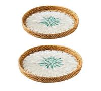2Pcs Round Rattan Tray with Mother of Pearl Inlay, Round Woven Wicker Tray, Rattan Serving Tray with Wooden Base, Decorative Wicker Baskets for Bread Fruit Food Coffee, Storage and Display(#7)