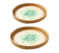 2Pcs Round Rattan Tray with Mother of Pearl Inlay, Round Woven Wicker Tray, Rattan Serving Tray with Wooden Base, Decorative Wicker Baskets for Bread Fruit Food Coffee, Storage and Display(#1)
