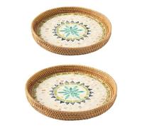 2Pcs Round Rattan Tray with Mother of Pearl Inlay, Round Woven Wicker Tray, Rattan Serving Tray with Wooden Base, Decorative Wicker Baskets for Bread Fruit Food Coffee, Storage and Display(#6)