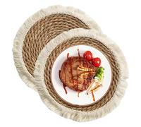 2Pcs Round Woven Placemats, 13 Inch Rattan Rustic Placemats with Tassels, Braided for Wedding, Party, Farmhouse, Dinner Table Decor