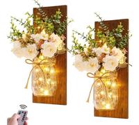 2PCS Rustic Mason Jar Sconces Jar Lights Hanging Wall Lights with Remote Control Timer LED Peony Eucalyptus Art LED Fairy Lights for Home Farmhouse Bedroom Decor