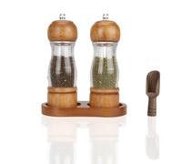 2Pcs Salt and Pepper Grinder Set, Refillable Seasoning Solid Wood Hand Shaker, Kitchen Spice Container with Adjustable Ceramic Core, Tray and Powdered Spoon