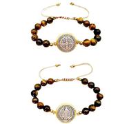 2Pcs San Benito Bracelet Tigher Eye Bracelet Saint Benedict Medal Catholic San Benito Medalla, 7-11 inch, Metal, no gemstone