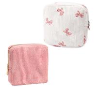 2PCS Sanitary Pad Storage Bag, Discreet Feminine Care Organiser with Closure, Compact Period Pouch for School and Travel, Pink Design with Golden Zip and Korean Style Bow, Set of Two Pieces