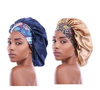 2PCS Satin Hair Bonnet for Black Women Elastic Wide Band Sleep Cap Single Layer Silkly Satin Cap for Braid Curly Natural Hair, Navyblue + Khaki, 14.6 Inch
