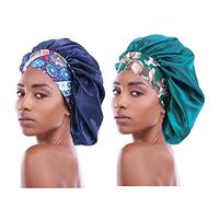 2PCS Satin Hair Bonnet for Black Women Elastic Wide Band Sleep Cap Single Layer Silkly Satin Cap for Braid Curly Natural Hair Navyblue + Teal, Navyblue + Teal, 14.6 Inch