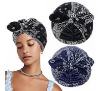 2PCS Satin Lined Beanies for Women,Chemo Headwear Silky Lined Cotton Sleeping Cap,Turban Bows for Women with Pre-Tied Bowknot,Hair Turban,Sleeping Cap,Nightcap(Black,Navy Blue)