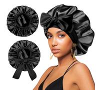 2Pcs Satin Silk Hair Bonnet for Sleeping Women,Large Bonnets with Elastic Wide Tie Band Silk Sleep Cap,Hair Wrap Night Cap with Adjustable Straps for Black Women Curly Hair Jumbo Bonnet Braid - Black