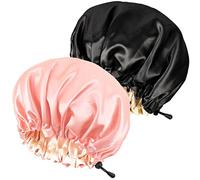 2PCS Satin Sleep Cap,Adjustable Double-Sided Sleep Bonnet,Bonnet Cap for Sleep (1 BLACK+ 1 PINK)