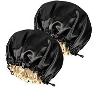 2PCS Satin Sleep Cap,Adjustable Double-Sided Sleep Bonnet,Bonnet Cap for Sleep (2 BLACK)