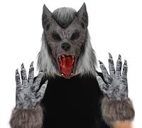 2PCS Scary Wolf Mask Adult Werewolf Big Bad Wolf Claws Costume Men Full Head Latex Horror Creepy Outfit Gift for Halloween