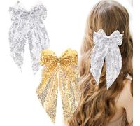 2pcs Sequin Bow Hair Bow Tie Big Glitter Bow Hair Clips,UHOMENY Bow knot Hair Styling Clips Hair Barrettes Wedding Hair Clips Double Bow Sparkly Large Ribbon Headdress Hair Accessories (Silver, Gold)
