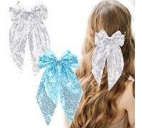2pcs Sequin Bow Hair Bow Tie Big Glitter Bow Hair Clips,UHOMENY Bow knot Hair Styling Clips Hair Barrettes Wedding Hair Clips Double Bow Sparkly Large Ribbon Headdress Hair Accessories (Silver, Blue)