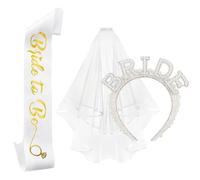 2Pcs Set Bride Headband, Bride to Be Veil and Sash Kit, White Rose Gold Foil Design, Wedding Accessories for Bridal Shower and Hen Party, Bride to Be Headband and Sash Set