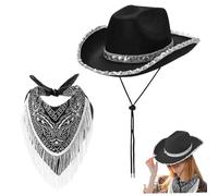2Pcs/Set Cowgirl Hat with Fringed Bandana Wide Brim Curved Edge Sequins Black Cowgirl Hat with Chin Strap One Size Western Cowboy for Cosplay, Halloween Costumes, Black, Cow Girl Ha