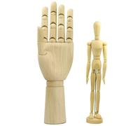 2Pcs/Set Drawing Mannequin, 12" Wooden Hand and 8" Artist Wooden Figure, Posable Human Dolls for Drawing, Painting, Sketching