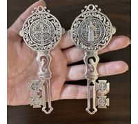 2Pcs/Set Enamel Double Side Saint Benedict 4.9inchX2.9inch Key Blessing For Protection - Medalla de san benito Home and Door hanger - Wall Hanger Catholic Easter Day Gifts - Llave de San Benito Gift