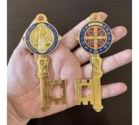 2Pcs/Set Enamel Double Sided Saint Benedict 4.9 x 2.32 Inch Key Blessings for Protection - Medalla de San Benito Home and Door Hanger - Wall Hanger Catholic Easter Gift (Gold and Blue)
