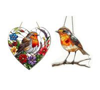 2Pcs Set Handcrafted Robin Sun Catcher with Stained Glass Effect, Large Heart-Shaped Robin Suncatcher for Windows, Garden & Outdoor Decor, Hanging Decoration