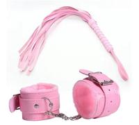 2Pcs/Set Leather Fur Handcuffs Whip BDSM Bondage Wrist Anklet Cuff Flogger Spank Whip Sex Toys for Women Couples Sm Adult Game Pink 2Pc One Size