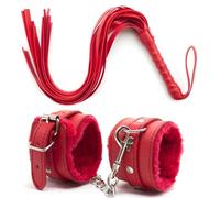 2Pcs/Set Leather Fur Handcuffs Whip BDSM Bondage Wrist Anklet Cuff Flogger Spank Whip Sex Toys for Women Couples Sm Adult Game Red 2 Pc One Size