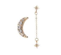 2Pcs/Set Rhinestone Moon Star Chain Stud Earrings 3 Ear Holes Women Jewelry - Golden Creative And Exquisite Workmanship