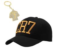 2PCS Set Ronaldo Gifts for Boys, CR7 Baseball Cap 54-60cm and Golden Number 7 Keychain, Adjustable Cap for Kids, Ideal for Football Games and Casual Wear, Cool Outfit for Boy Black