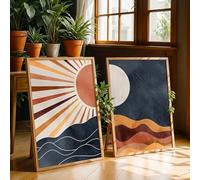 2pcs/set Sun and Moon Wave Decorative Painting, Medieval Modern Style Sunset Canvas Poster, Suitable for Living Rooms, Bedrooms, Home Interiors, Offices Décor, Frameless (40x50cm,canvas painting)