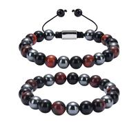 2pcs/set Triple Protection Bracelet 8mm Natural Stone Energy Crystal Yellow Blue Red Tiger Eye Handmade Stretch Bracelets for Men Women Prosperity and Happiness, normal, Stone, haema