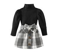 2pcs Sets Toddler Winter Baby Girl Dress Suits Sleep Solid Color Unique Design Ribbed Puff Sleeve Plaid Skirt Christmas Outfit (Black, 2-3 Years)