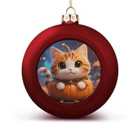 2PCS Shatterproof Christmas Ball Ornaments 3 Inch PC Plastic Xmas Tree Hanging Decor, Cute Fantasy Cat Pumpkin Ornaments with Festive Designs for Tree & Home Decor, Red-Style