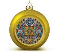 2PCS Shatterproof Christmas Ball Ornaments 3 Inch PC Plastic Xmas Tree Hanging Decor, Mexican Ceramic Tile Ornaments with Festive Designs for Tree & Home Decor, Golden-Style