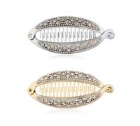 2Pcs Shining Rhinestone Banana Fish-Shaped Hair Combs Clips Plastic Grip Barrette Ponytail Holder Clamps Hairpins Headwear Hair-Styling Accessories (Silver+ Gold)