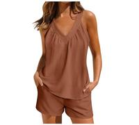 2PCS Short Pyjamas Set for Women, Solid Casual Cami Tops and Shorts Sleepwear for Ladies V Neck Sleeveless Tank Tops Nightwear 2 Piece Pajamas Set Womens Loungewear Set Summer Outfits Brown