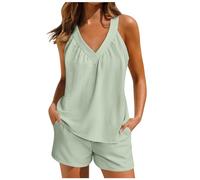 2PCS Short Pyjamas Set for Women, Solid Casual Cami Tops and Shorts Sleepwear for Ladies V Neck Sleeveless Tank Tops Nightwear 2 Piece Pajamas Set Womens Loungewear Set Summer Outfits Mint Green