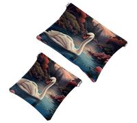 2Pcs Shrapnel Pouch for Purse, Art Swan Flower-1618 Waterproof Makeup Bag, Portable Pouch for Women Gifts, Multicolor 03, A:7.1x5.8in/18x14.8cm,B:4.7x4.5in/12x11.5cm
