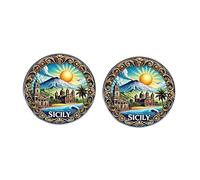 2PCS Sicily Souvenir Enamel Style Pins, Vintage Mediterranean Landscape Brooch, Etna Volcano Sun Sea Design, Travel Lapel Pin for Backpack Hat Gift, Alloy Glass Button Badge