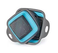 2Pcs Silicone Drain Basket [Small + Large] Folding Square Strainer Bowls for Fruit Vegetables Collapsible Colander Drainer Kitchen Storage Tool (Blue)