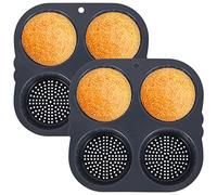 2Pcs Silicone Hamburger Bun Mold 4 Cavities Non-Stick Egg Muffin Baking Pan Flexible Burger Bread Tray Easy to Release Burger Bun Maker for Kichen Baking Cake Pie Custard