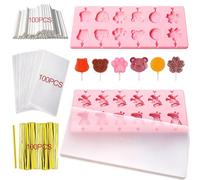 2Pcs Silicone Lollipop Molds, 12-Cavity Chocolate Silicone Mould, Silicone Animal Molds with Transparent Lid 100 Sticks 100 Wrap Bags 100 Twist Ties, Make Your Own for Yummy Lollies Choco Bars (Pink)