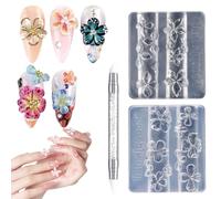 2PCS Silicone Nail Art Molds - 3D Hibiscus & Cherry Blossom Flower Charm Molds with Carving Pen, Clear Epoxy Resin Making Supplies for DIY Nail Decor