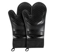 2PCS Silicone Oven Mitts | Long Anti-Slip Oven Gloves | BBQ Gloves Waterproof Heat Resistant Kitchen Gloves for Kitchen Cooking Dessert Making BBQ, Black
