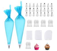 2pcs Silicone Piping Bags with 24 Stainless Steel Nozzles, 3 Spatulas and 5 Converters for Cake, Pastry and Cupcake Decorating, Reusable Icing Piping Kit