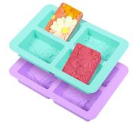 2Pcs Silicone Soap Molds,4 Cavity Rectangle Soap Mold Flower Pattern Chocolate Making Tool for Chocolate Candle Jelly Resin(Green+Purple,2)