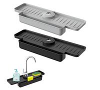 2Pcs Silicone Tap Mat, Tap Sink Splash Guard, Faucet Handle Drip Catcher Pad with Storage Space, Fast Drainage Sink Splash Guard for Kitchen Bathroom Counter Worktop Protect (Gray and Black)