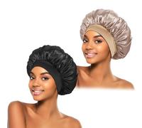 2Pcs Silk Bonnet for Sleeping, Satin Hair Bonnets, Soft Elastic Band Silk Sleep Cap, Hair Wrap for Women (Black Gold)